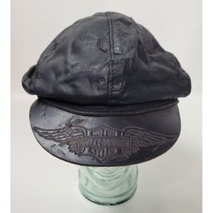 Vintage Harley Davidson Leather Captain Cap Hat‎ Embossed Winged Bar Shield Bill